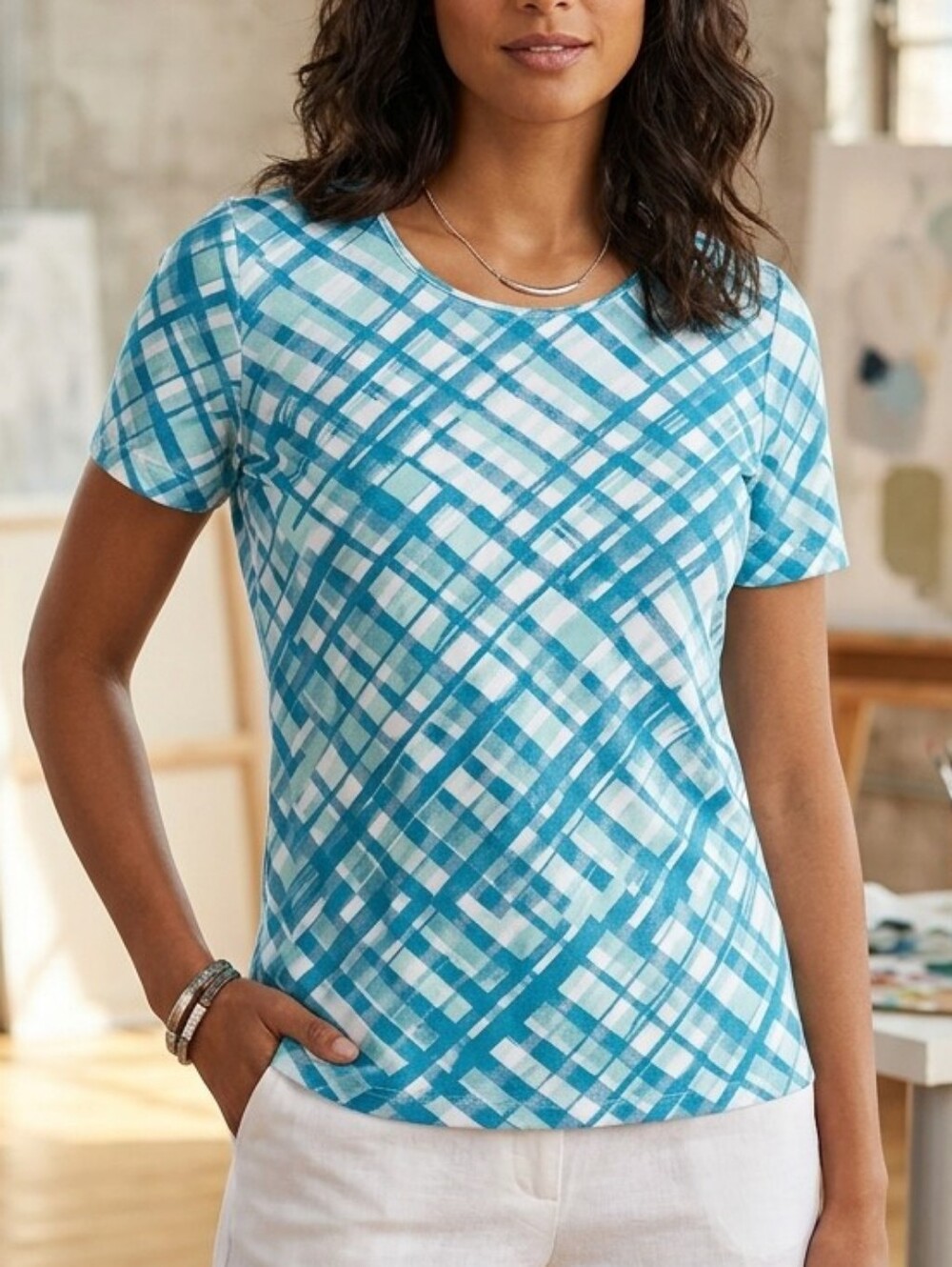 Karen Scott Aqua/Blue Plaid Short-Sleeve Tee Size MP PTP 19-20" L 24" Soft